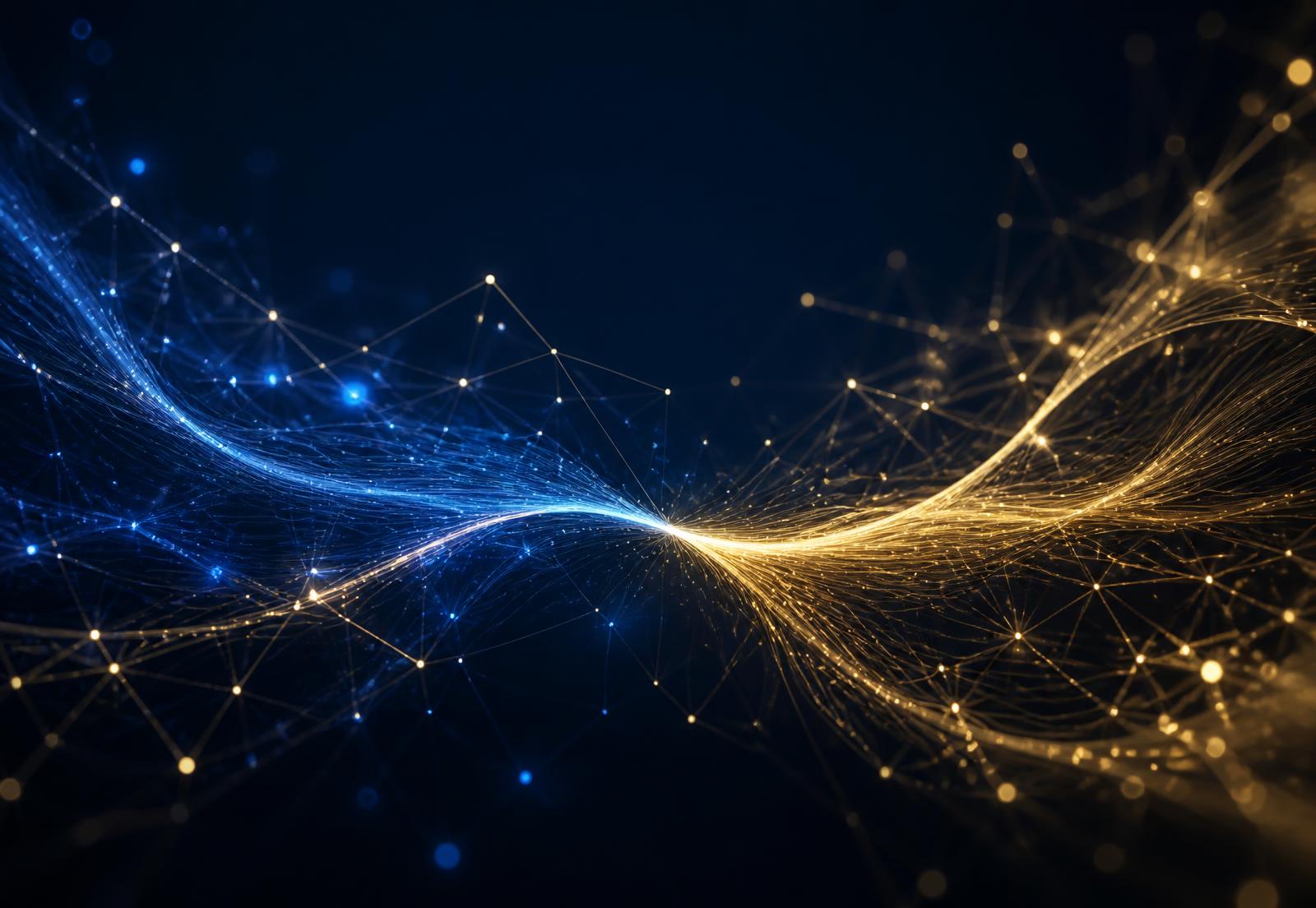 Abstract network of gold and royal blue light representing capital and AI