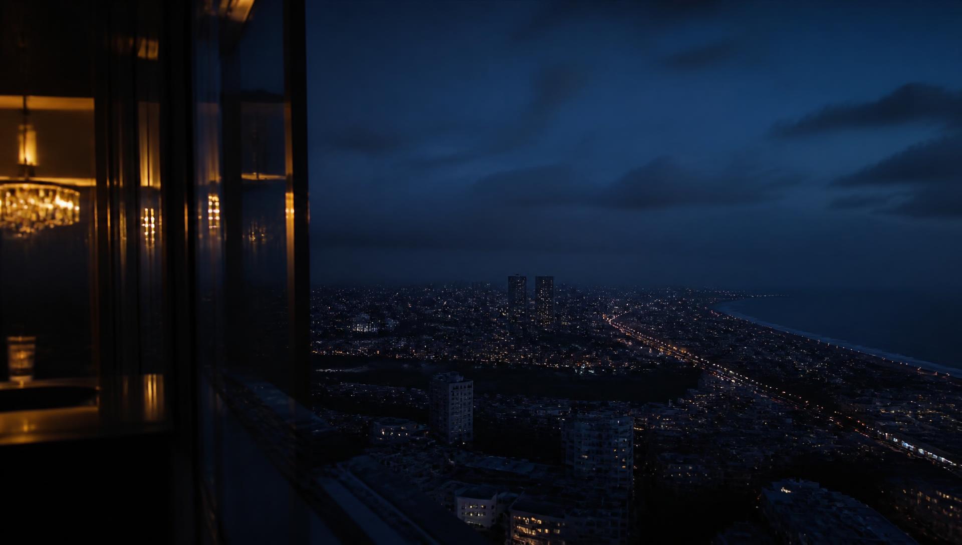 Chennai skyline at blue hour viewed from an executive tower