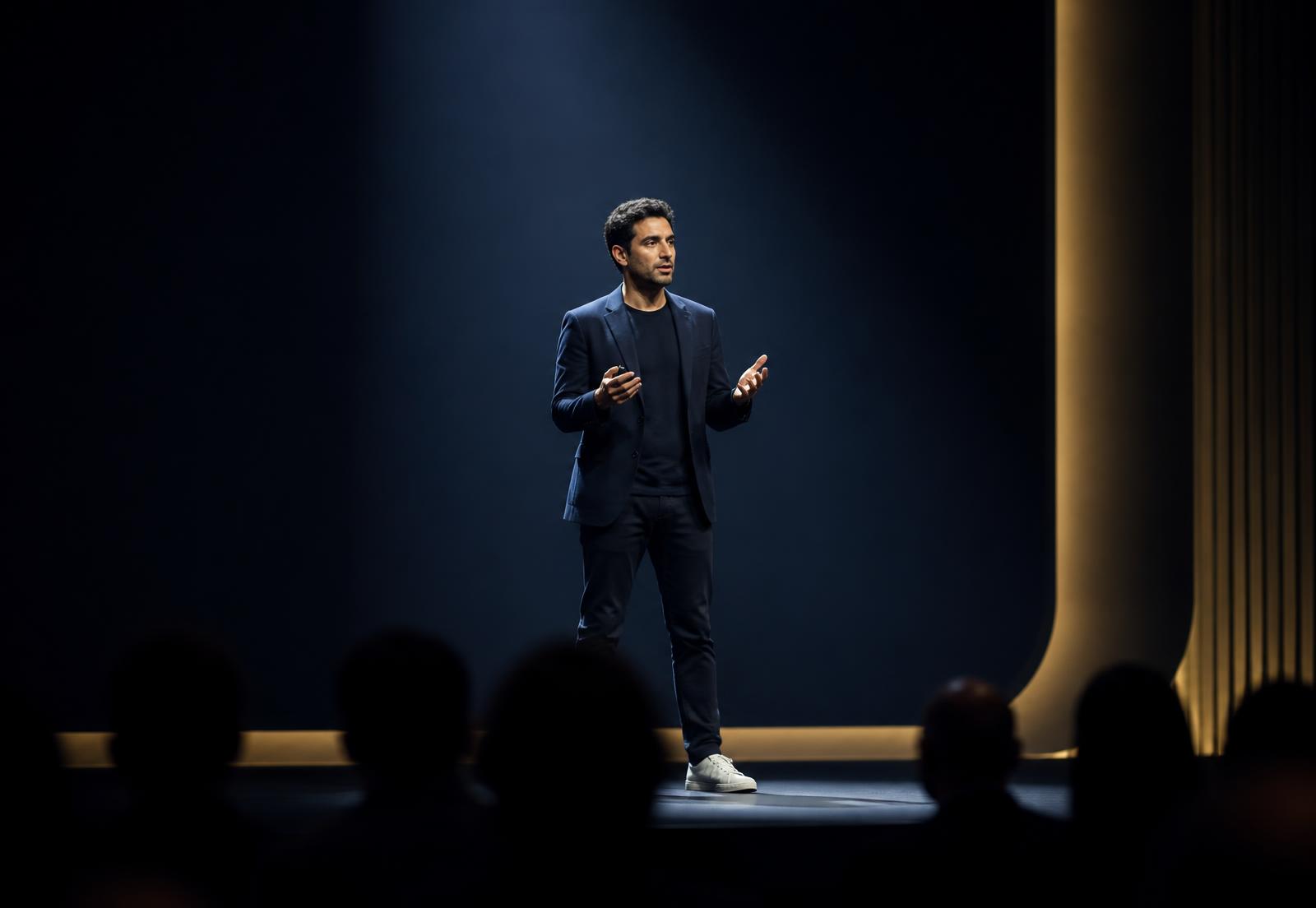 Founder pitching on a spotlit stage at the startup pitch arena